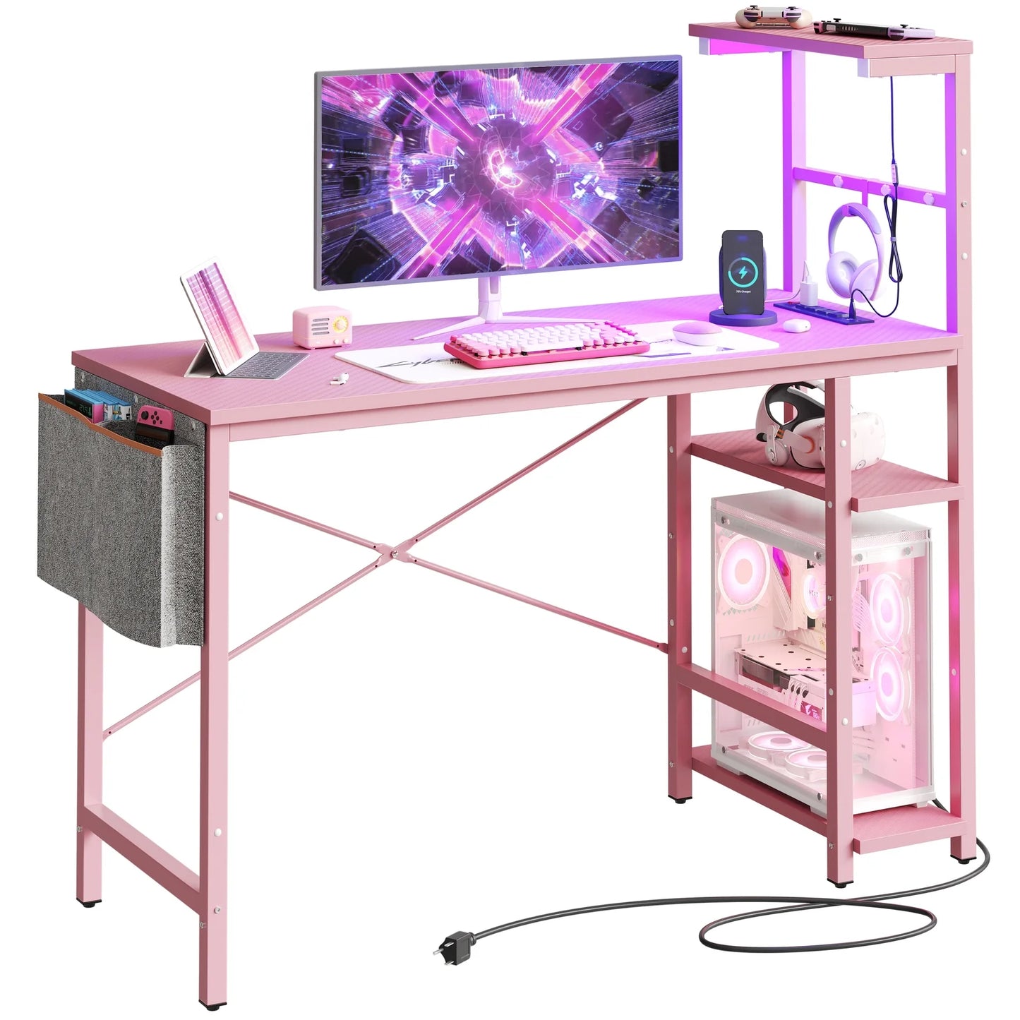 44.3 Inch LED Gaming Desk with Outlets & USB Ports Computer Desk with Storage Shelves in Pink Carbon Fiber