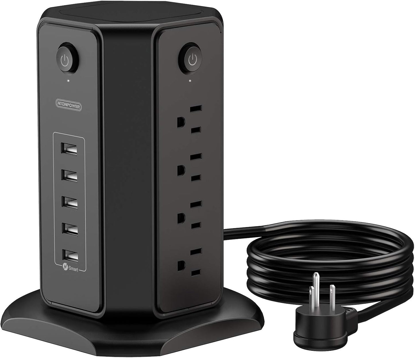 10Ft Extension Cord Power Strip Tower, Flat Plug Surge Protector with 8 Outlets 5 USB Desktop Charging Station, Individual Switches, 1080 Joules, 13A Circuit Breaker for Home Office, Black