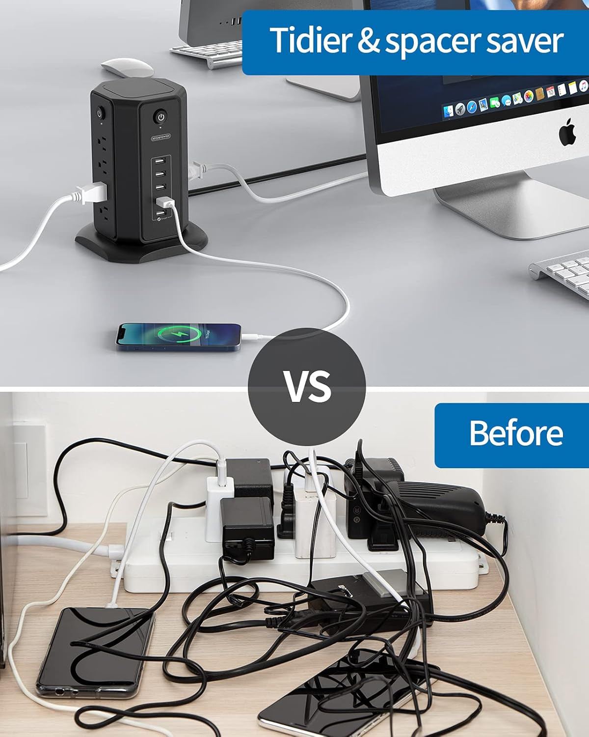 15Ft Extension Cord Power Strip Tower, Flat Plug Surge Protector with 8 Outlet 5 USB Desktop Charging Station, 1625W 13A, Individual Switches, 1080 Joules, Circuit Breaker for Home Office
