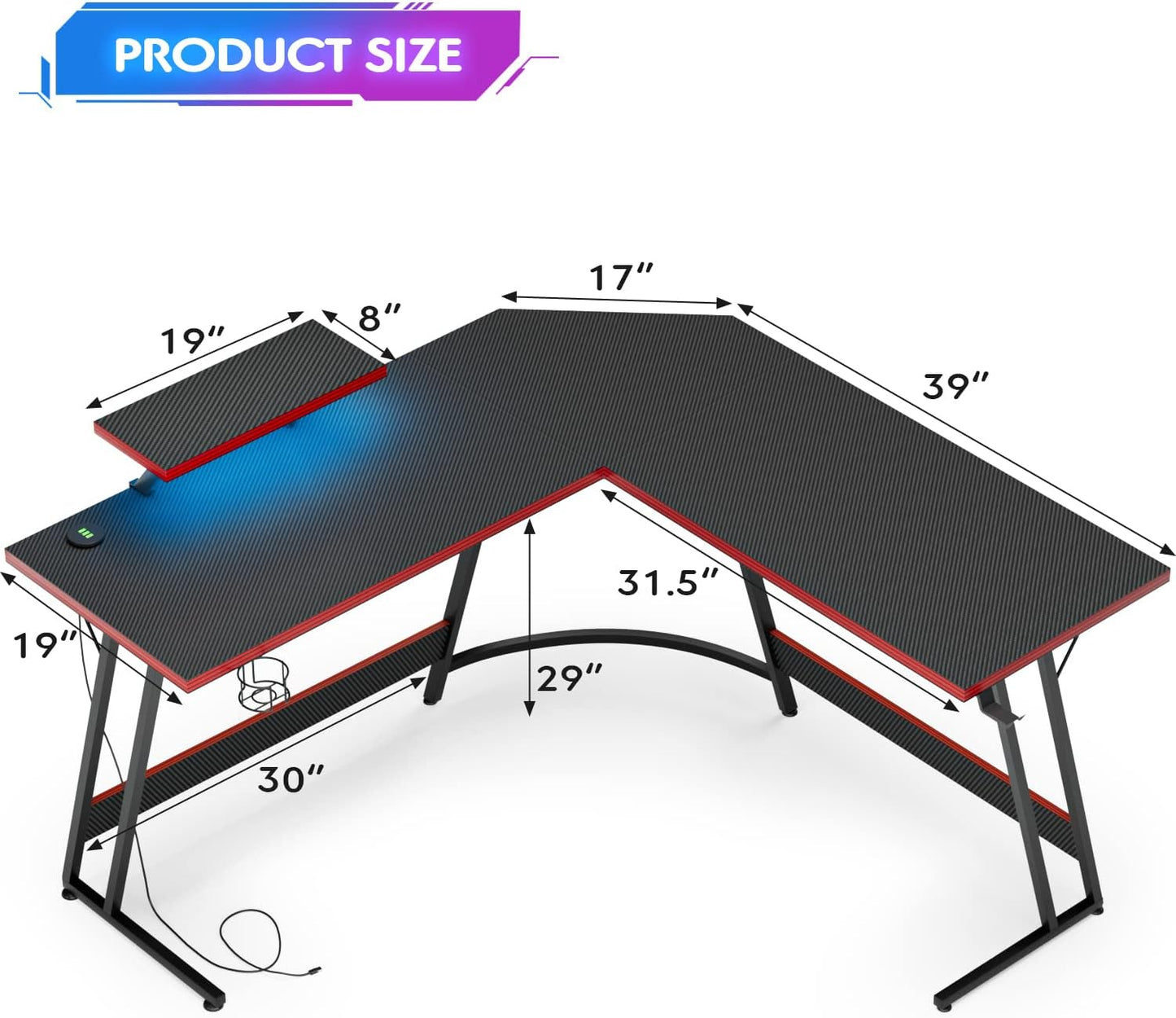 L Shaped Gaming Desk with LED Lights & Power Outlet, Fiber Surface Computer Table with Cup Holder & Headphone Hook, Black