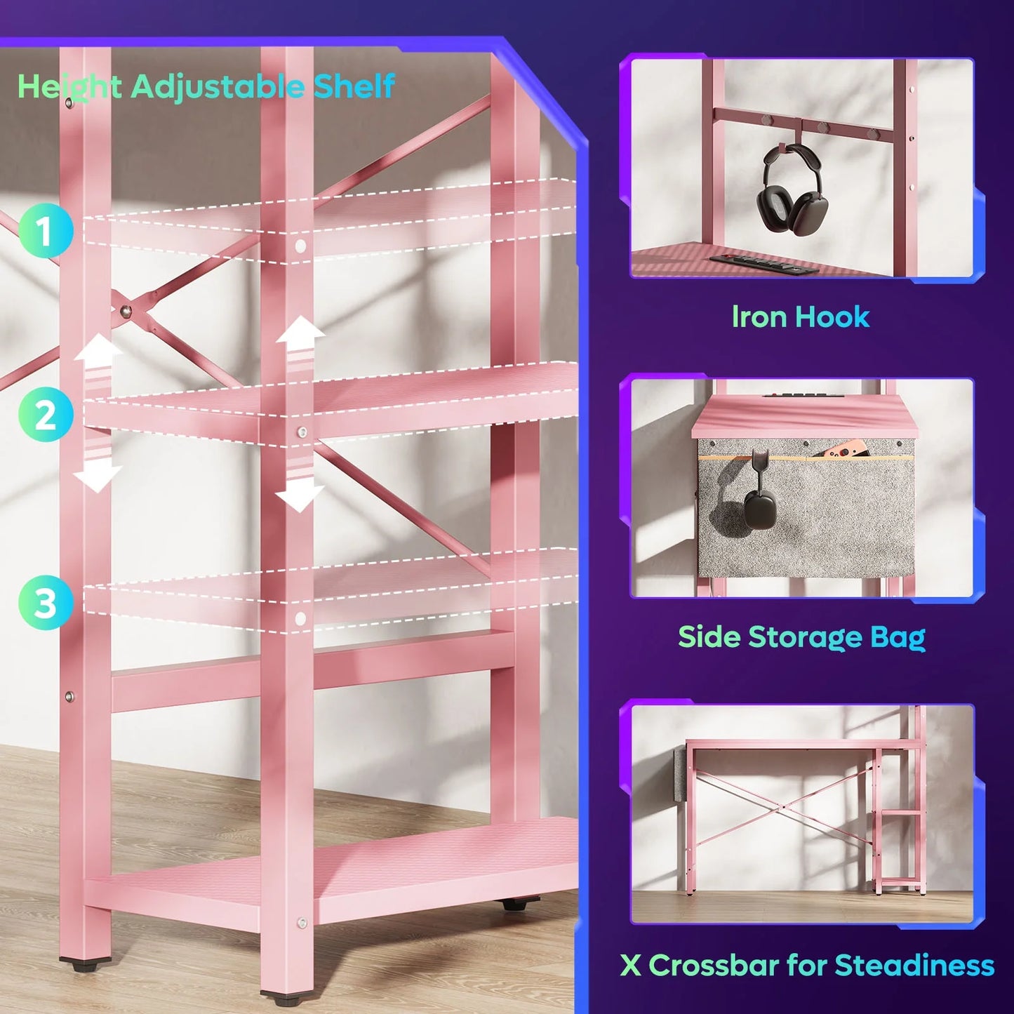 44.3 Inch LED Gaming Desk with Outlets & USB Ports Computer Desk with Storage Shelves in Pink Carbon Fiber