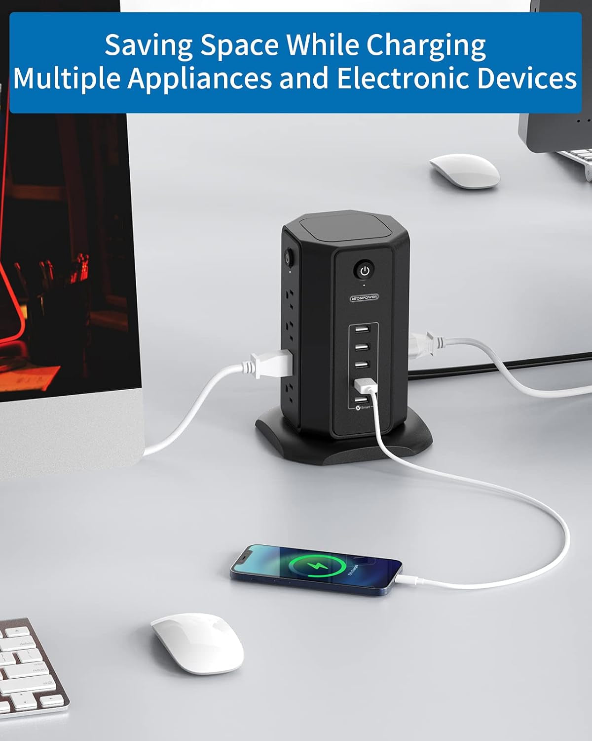 15Ft Extension Cord Power Strip Tower, Flat Plug Surge Protector with 8 Outlet 5 USB Desktop Charging Station, 1625W 13A, Individual Switches, 1080 Joules, Circuit Breaker for Home Office