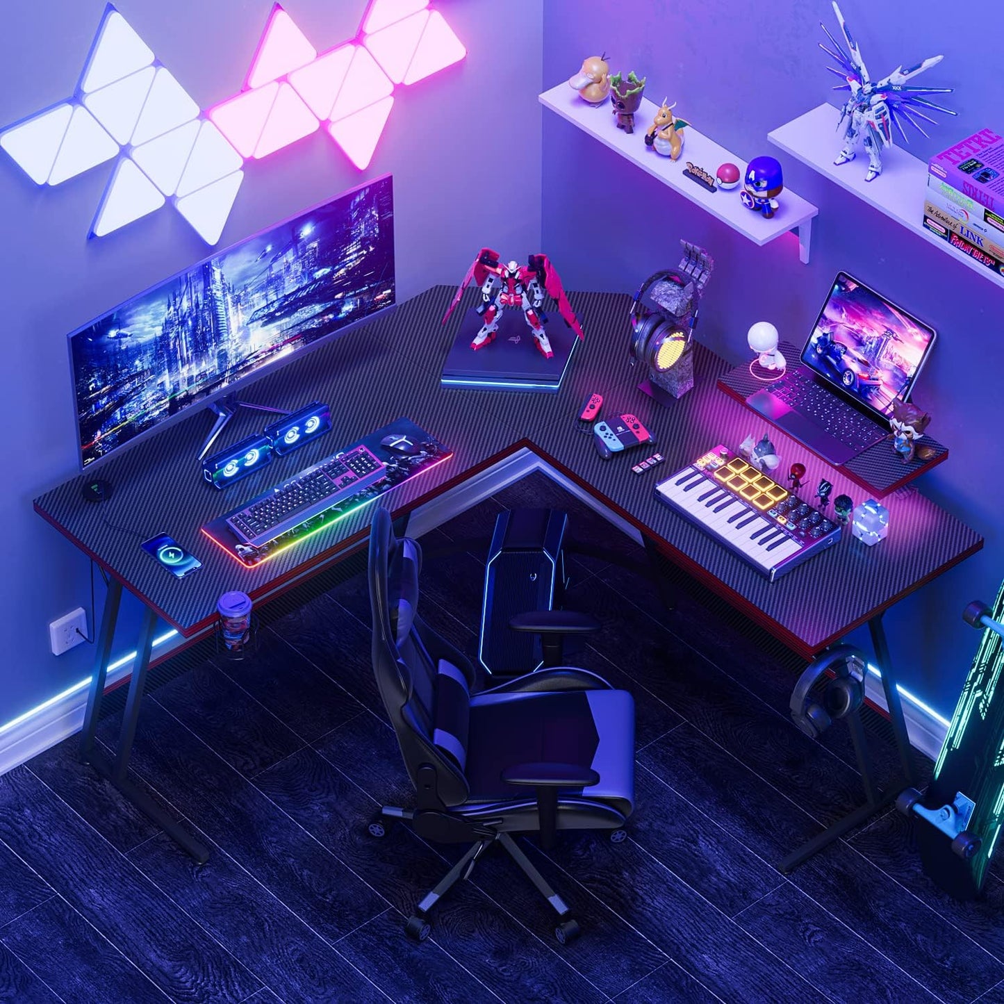 L Shaped Gaming Desk with LED Lights & Power Outlet, Fiber Surface Computer Table with Cup Holder & Headphone Hook, Black
