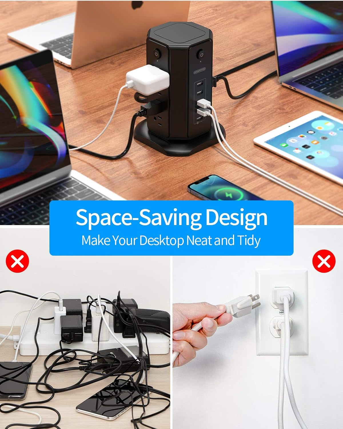 10Ft Extension Cord Power Strip Tower, Flat Plug Surge Protector with 8 Outlets 5 USB Desktop Charging Station, Individual Switches, 1080 Joules, 13A Circuit Breaker for Home Office, Black