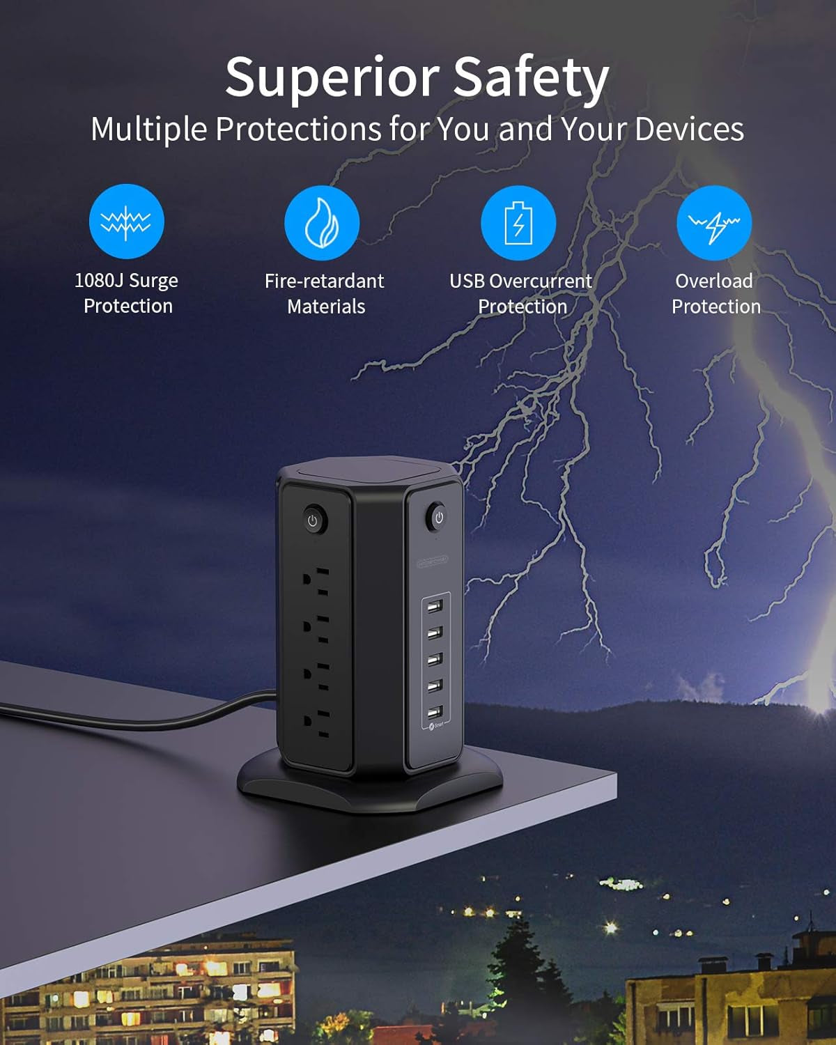 10Ft Extension Cord Power Strip Tower, Flat Plug Surge Protector with 8 Outlets 5 USB Desktop Charging Station, Individual Switches, 1080 Joules, 13A Circuit Breaker for Home Office, Black