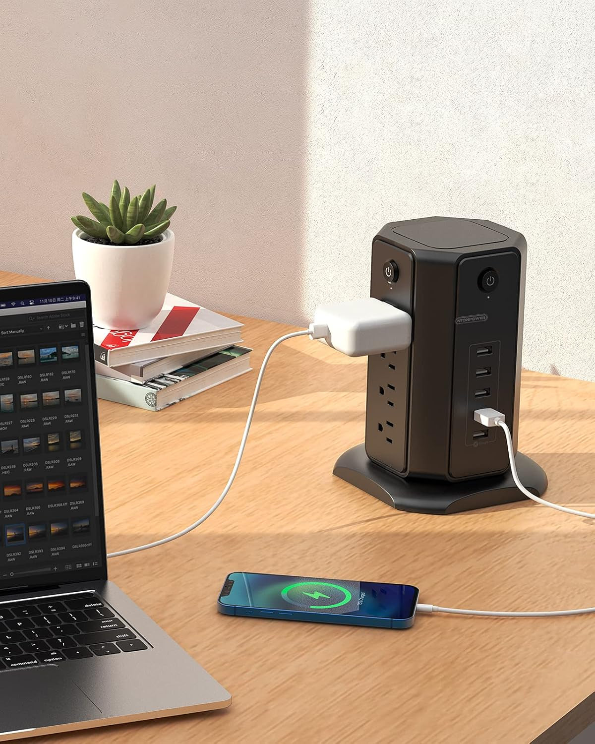 15Ft Extension Cord Power Strip Tower, Flat Plug Surge Protector with 8 Outlet 5 USB Desktop Charging Station, 1625W 13A, Individual Switches, 1080 Joules, Circuit Breaker for Home Office