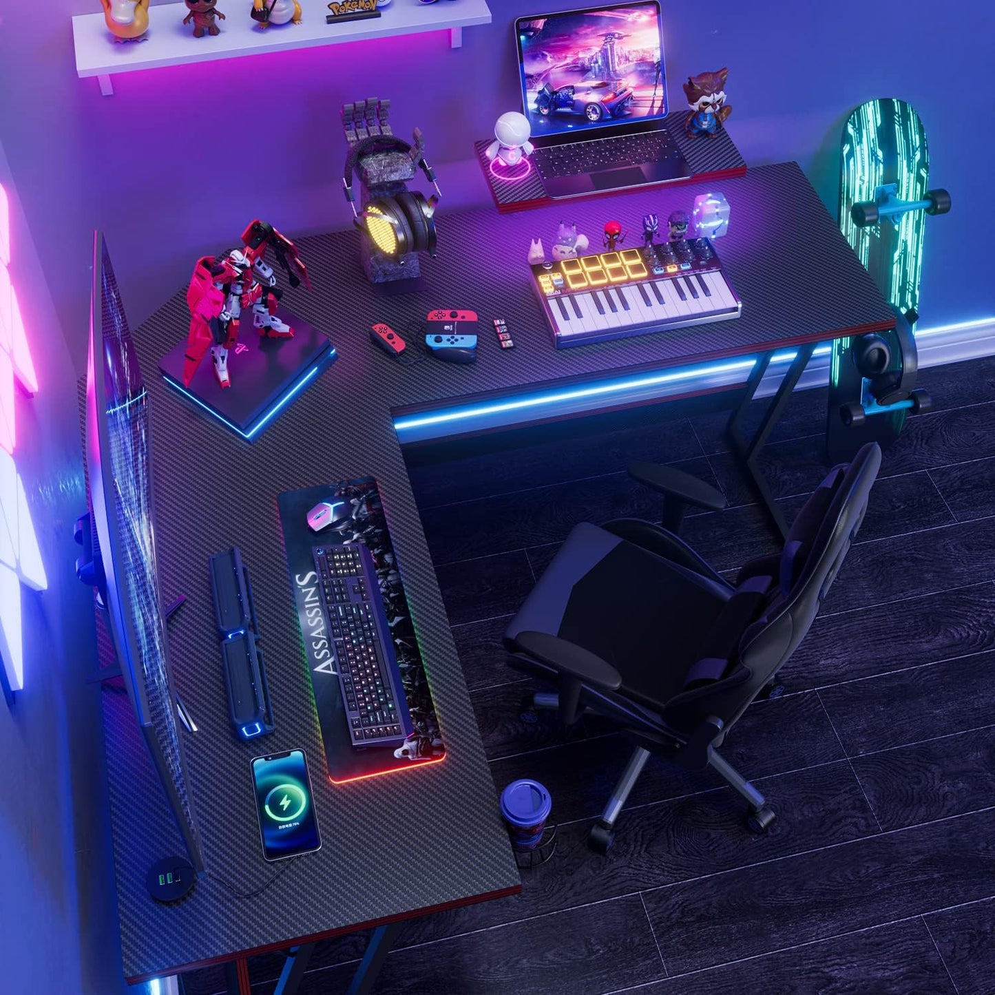 L Shaped Gaming Desk with LED Lights & Power Outlet, Fiber Surface Computer Table with Cup Holder & Headphone Hook, Black