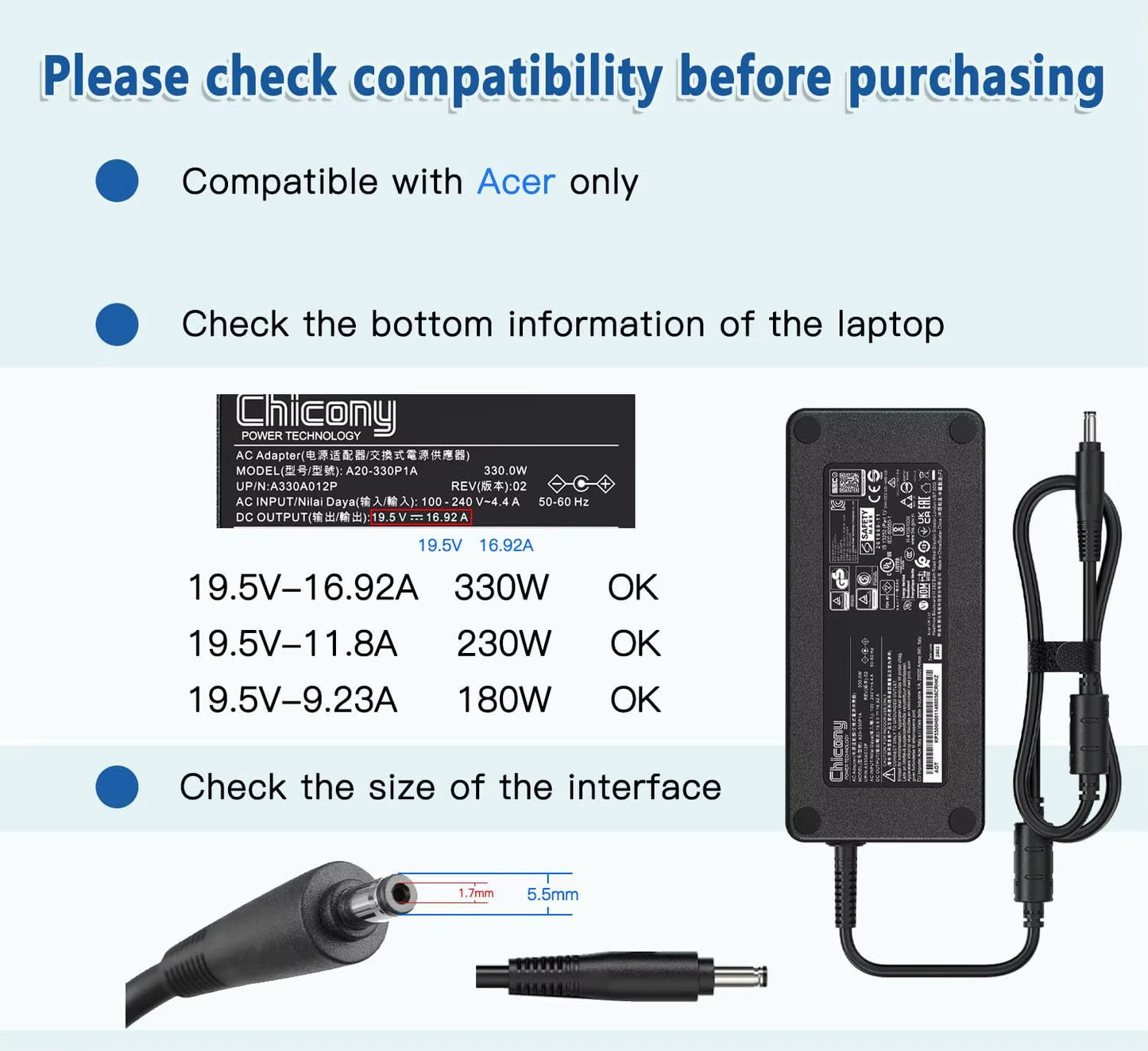 330W 19.5V 16.92A Laptop Power Adapter Charger Predator Helios 300 N20C11 N20C3 N22C3,Nitro17 16 15 AN17-51 A20-330P1A1