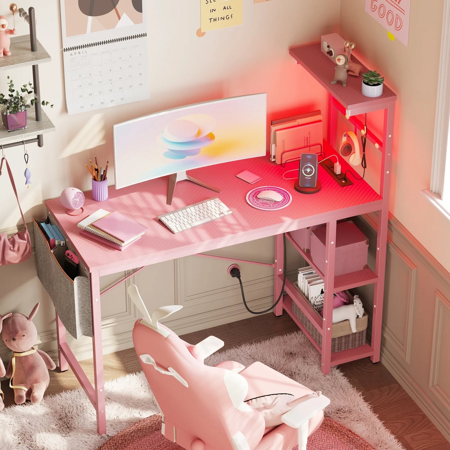 44.3 Inch LED Gaming Desk with Outlets & USB Ports Computer Desk with Storage Shelves in Pink Carbon Fiber
