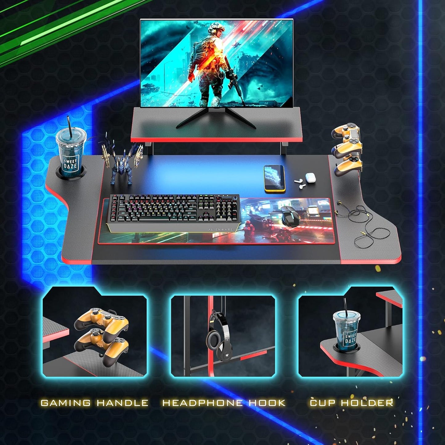 Gaming Desk with LED Light, 47" Gamer Desk with Monitor Stand for Home Office, Small Computer Desk with Controller Stand, Red and Black
