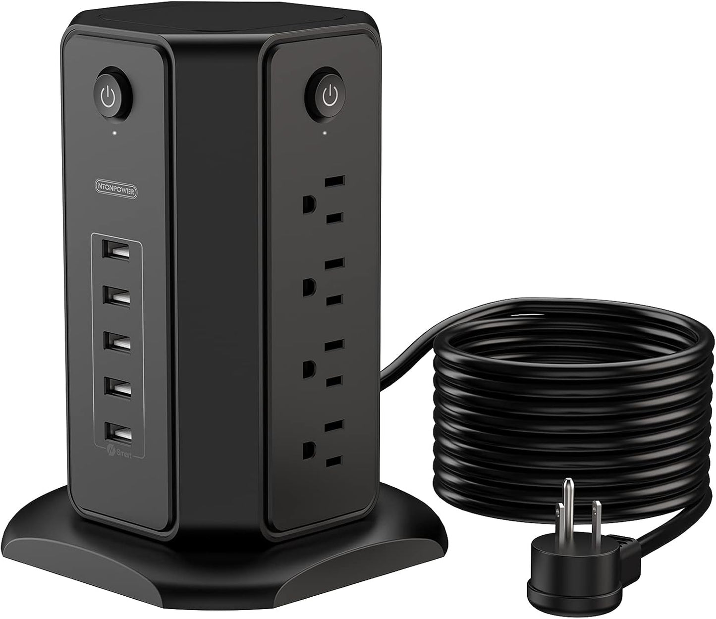 15Ft Extension Cord Power Strip Tower, Flat Plug Surge Protector with 8 Outlet 5 USB Desktop Charging Station, 1625W 13A, Individual Switches, 1080 Joules, Circuit Breaker for Home Office