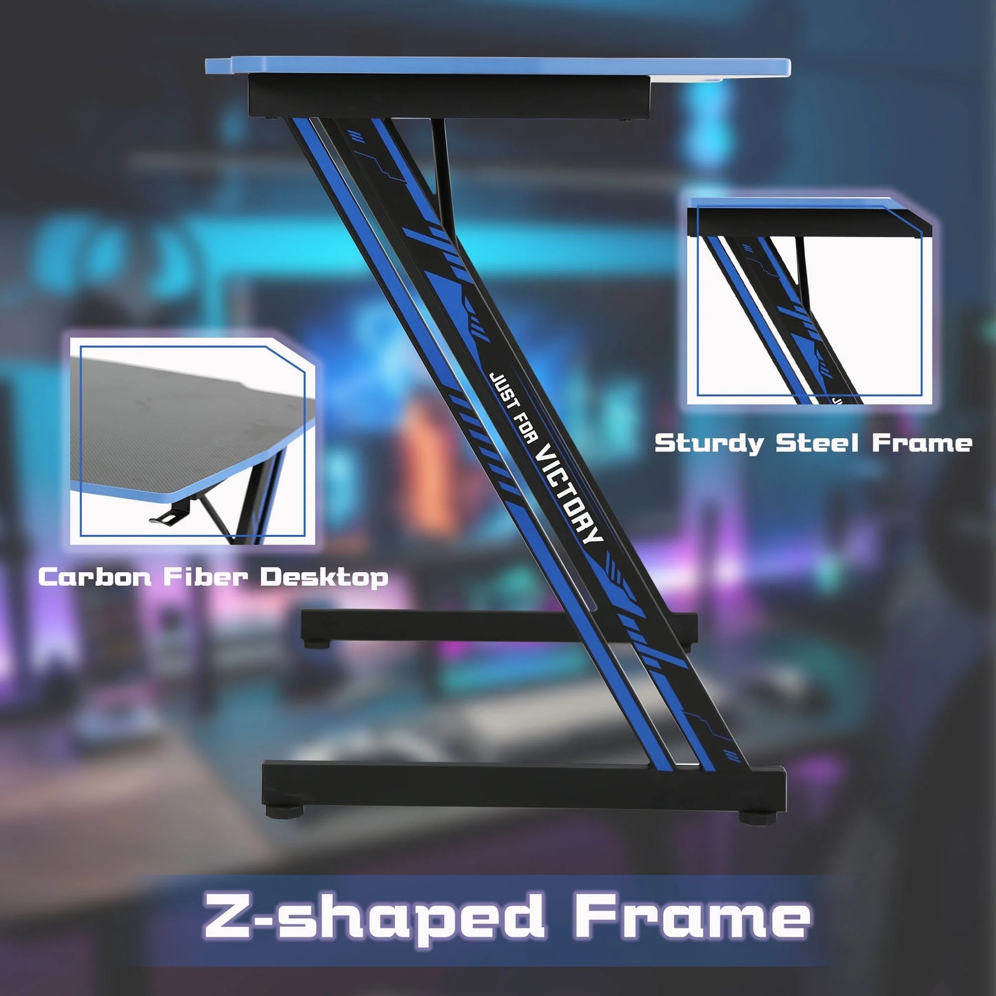 Gaming Desk Z Shaped 48 Inch Gaming Workstation Ergonomic Gaming Table PC Computer Desk with Headphone Hook, Blue