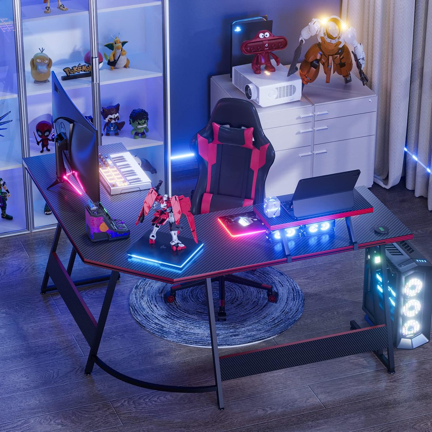 L Shaped Gaming Desk with LED Lights & Power Outlet, Fiber Surface Computer Table with Cup Holder & Headphone Hook, Black
