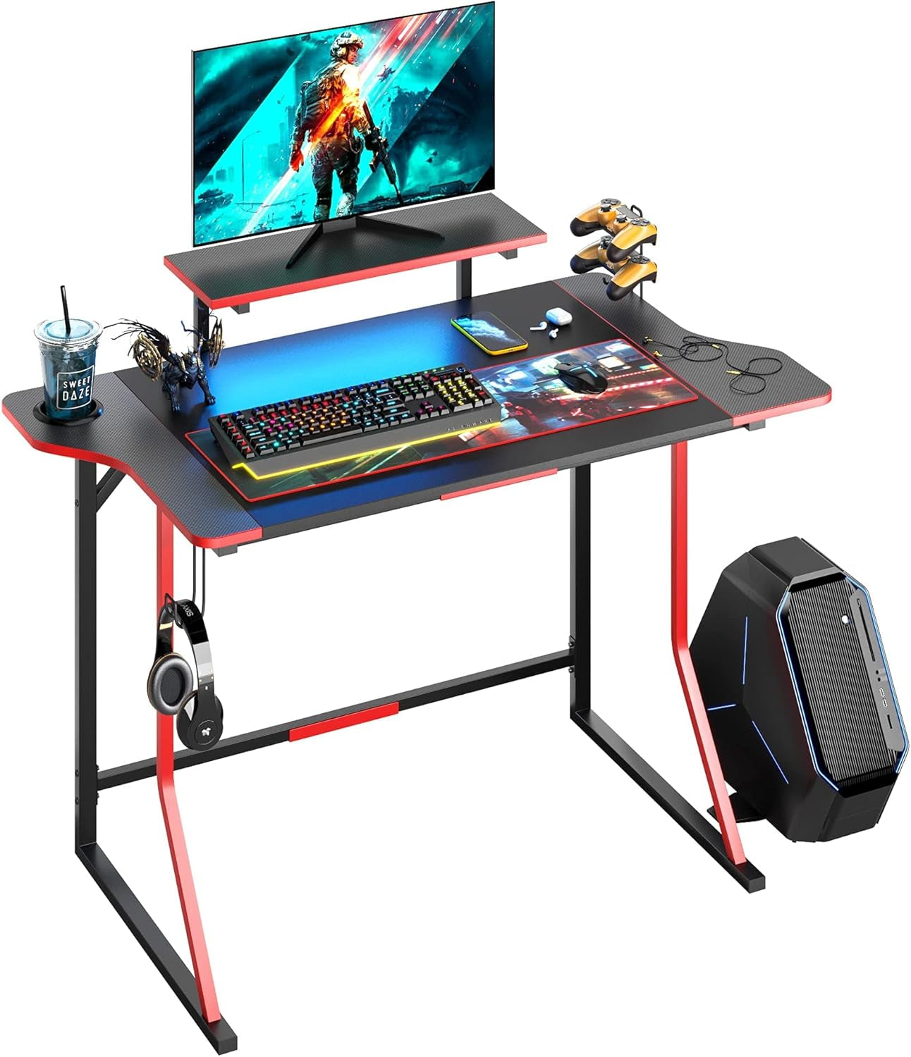 Gaming Desk with LED Light, 47" Gamer Desk with Monitor Stand for Home Office, Small Computer Desk with Controller Stand, Red and Black