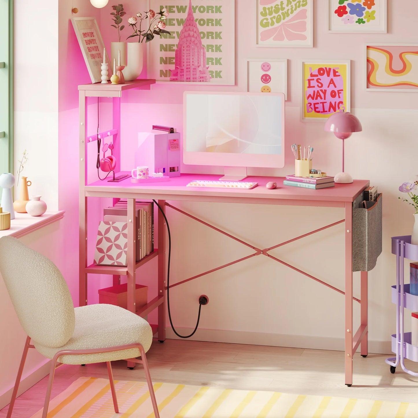 44.3 Inch LED Gaming Desk with Outlets & USB Ports Computer Desk with Storage Shelves in Pink Carbon Fiber