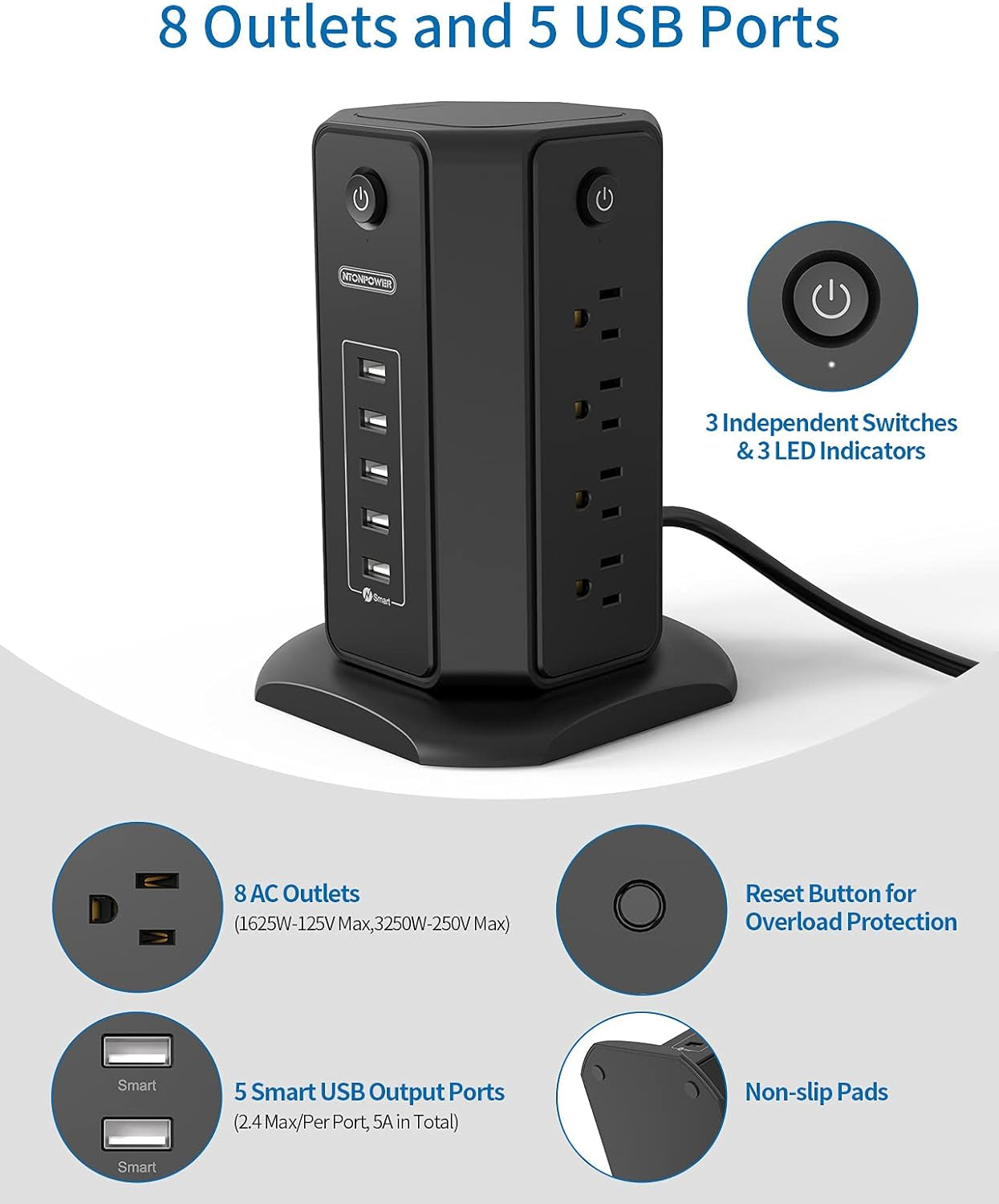 15Ft Extension Cord Power Strip Tower, Flat Plug Surge Protector with 8 Outlet 5 USB Desktop Charging Station, 1625W 13A, Individual Switches, 1080 Joules, Circuit Breaker for Home Office