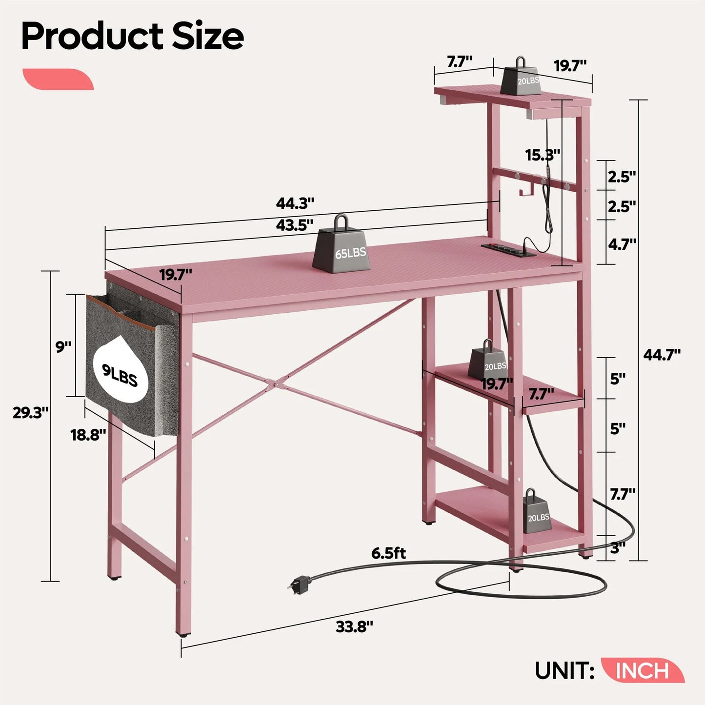 44.3 Inch LED Gaming Desk with Outlets & USB Ports Computer Desk with Storage Shelves in Pink Carbon Fiber