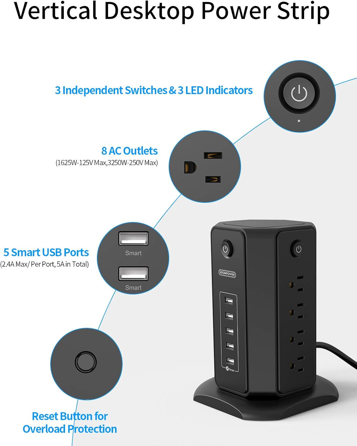 10Ft Extension Cord Power Strip Tower, Flat Plug Surge Protector with 8 Outlets 5 USB Desktop Charging Station, Individual Switches, 1080 Joules, 13A Circuit Breaker for Home Office, Black