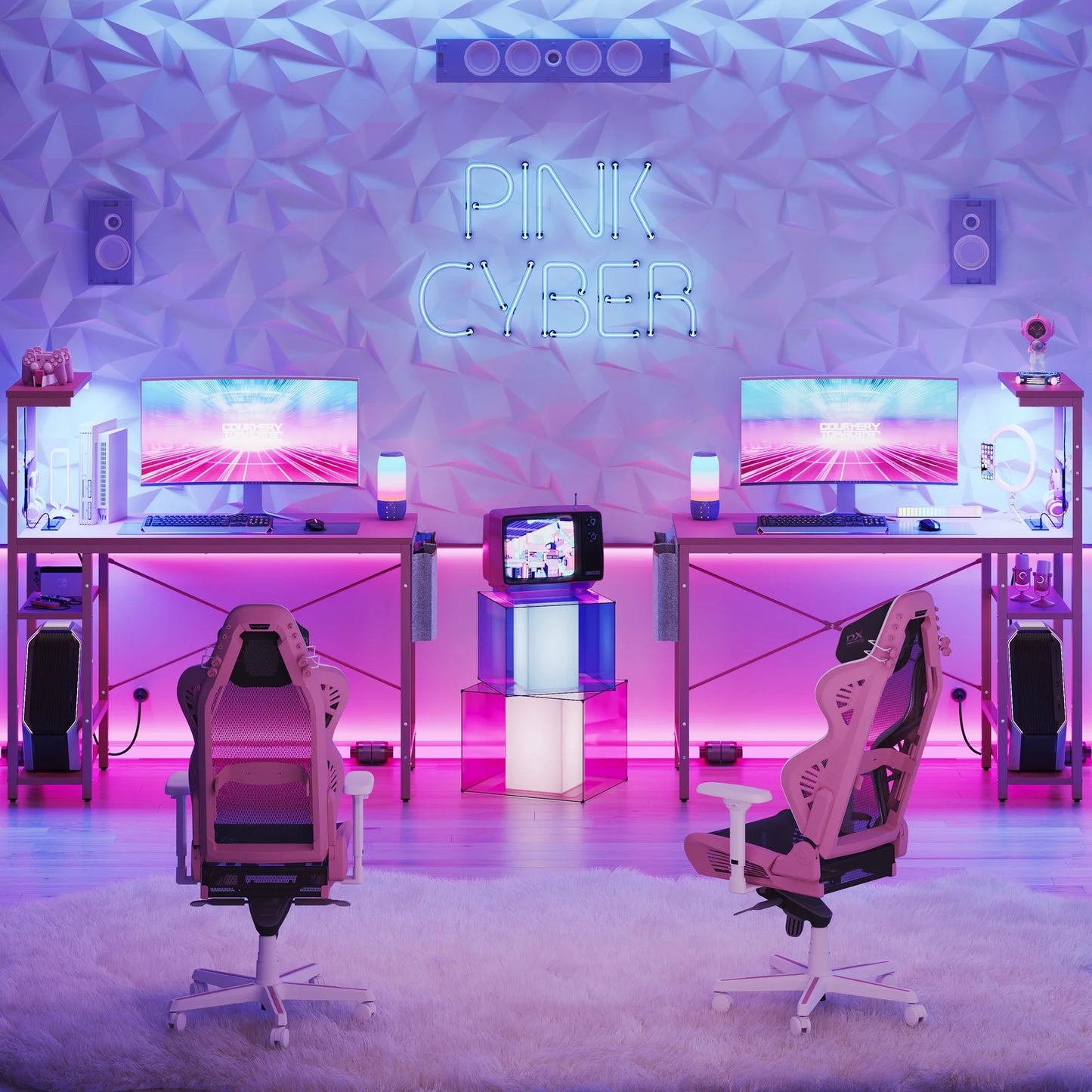 44.3 Inch LED Gaming Desk with Outlets & USB Ports Computer Desk with Storage Shelves in Pink Carbon Fiber