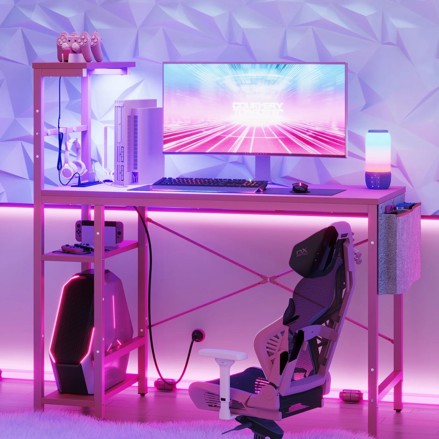 44.3 Inch LED Gaming Desk with Outlets & USB Ports Computer Desk with Storage Shelves in Pink Carbon Fiber