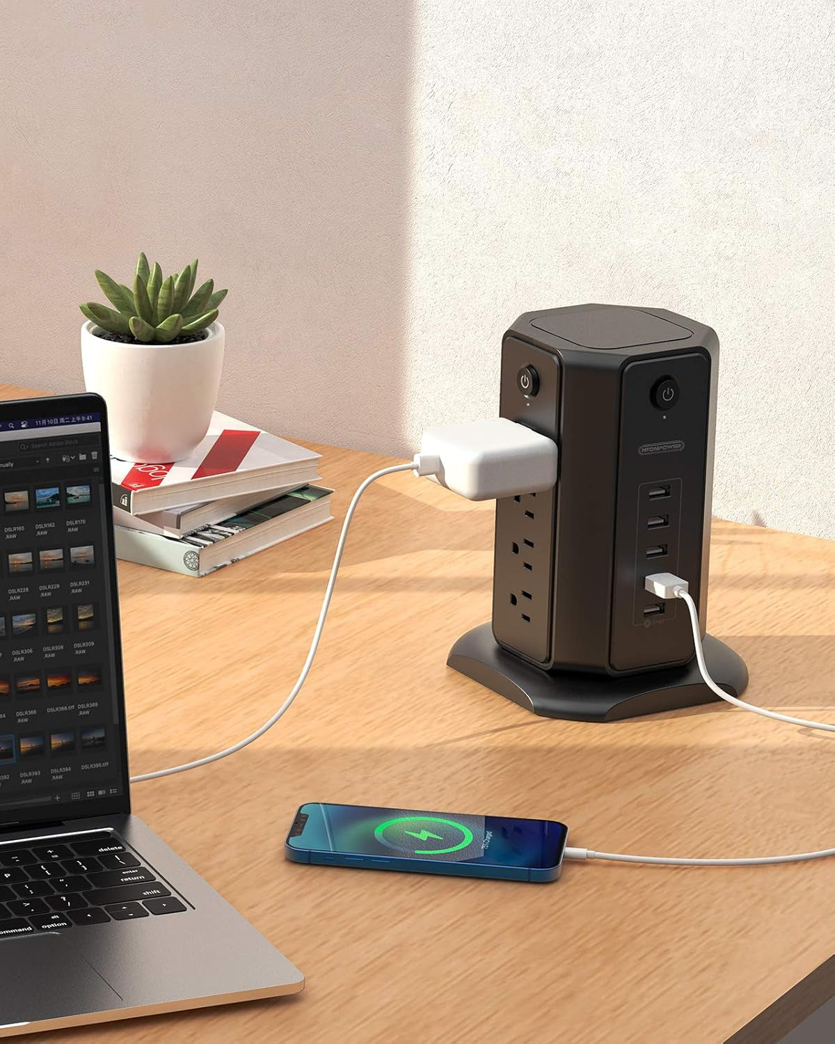 10Ft Extension Cord Power Strip Tower, Flat Plug Surge Protector with 8 Outlets 5 USB Desktop Charging Station, Individual Switches, 1080 Joules, 13A Circuit Breaker for Home Office, Black