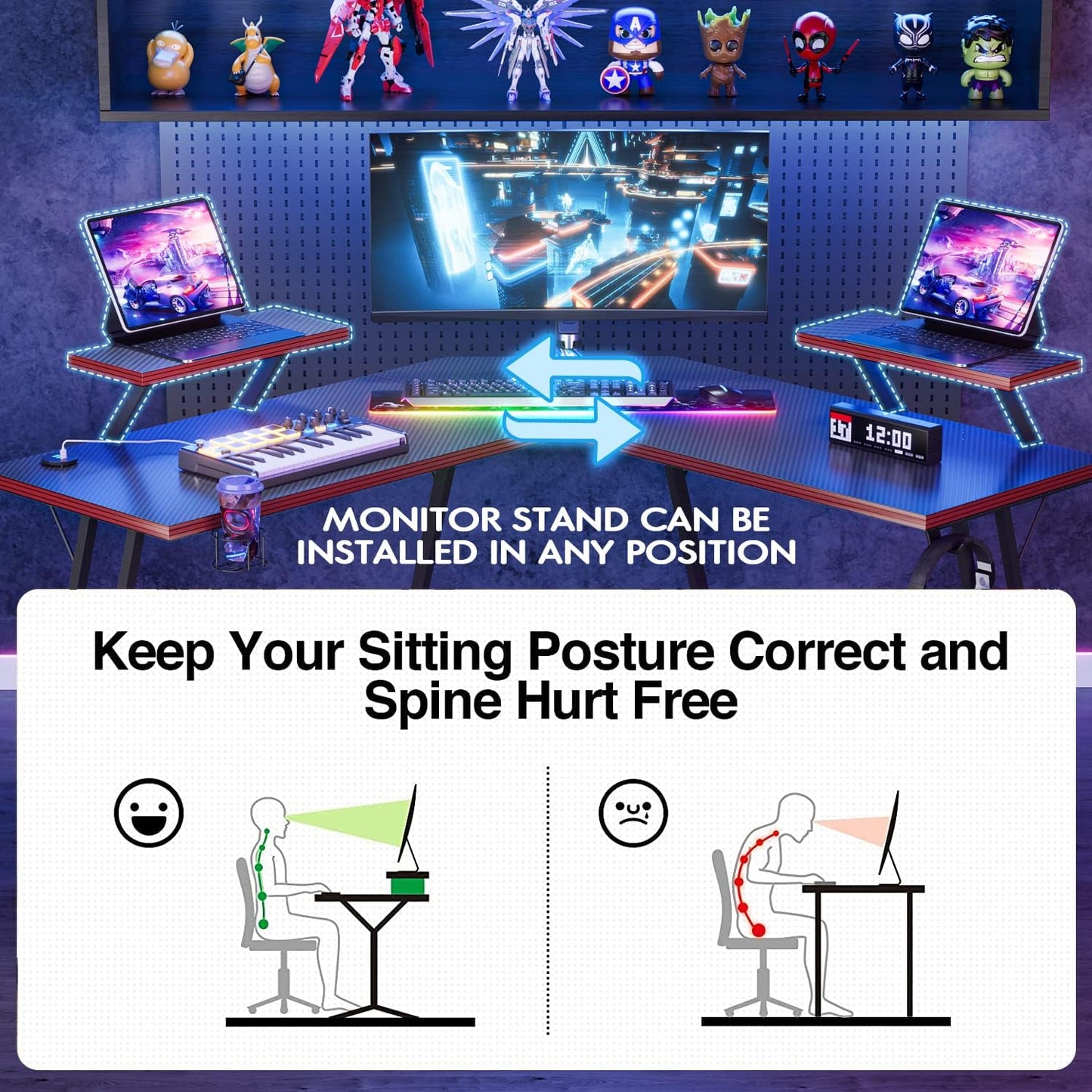 L Shaped Gaming Desk with LED Lights & Power Outlet, Fiber Surface Computer Table with Cup Holder & Headphone Hook, Black