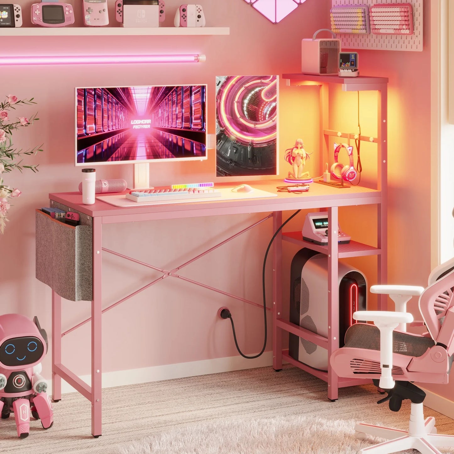 44.3 Inch LED Gaming Desk with Outlets & USB Ports Computer Desk with Storage Shelves in Pink Carbon Fiber