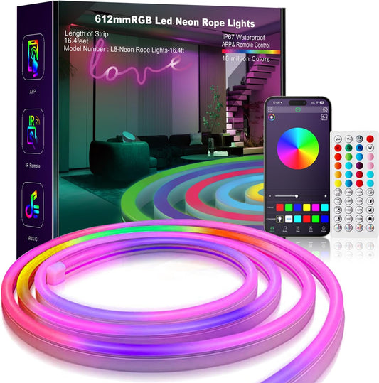 16.4Ft RGB LED Neon Rope Light with Remote Control, Smart Color Changing DIY Mode Neon Flex Strip Lights for Bedroom Indoors Outdoors Decor