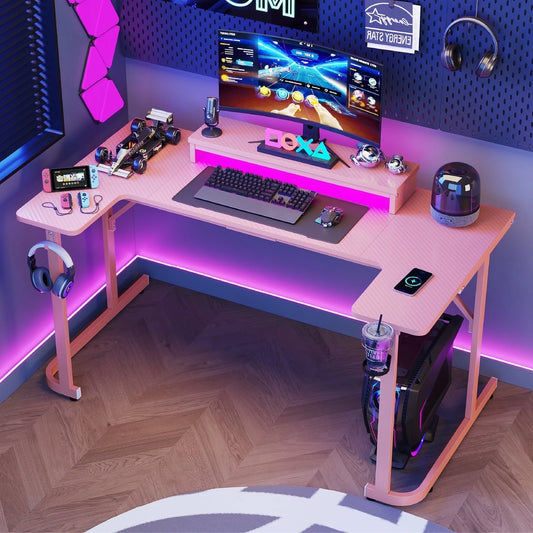 59 Inch U-Shaped Gaming Computer Desk with LED Lights & Monitor Stand & Headphone Hooks & Cup Holder, Home Office Desk, Pink