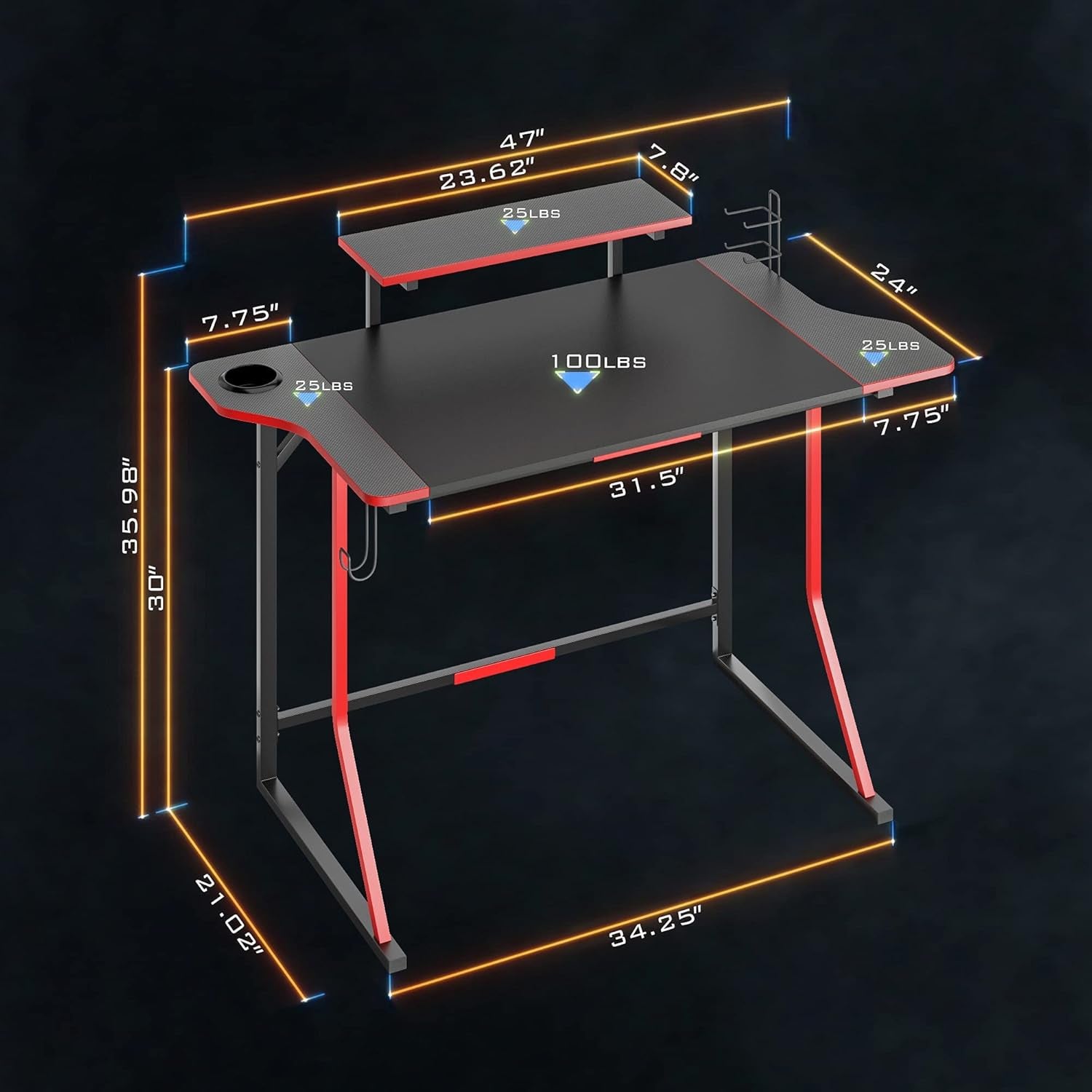 Gaming Desk with LED Light, 47" Gamer Desk with Monitor Stand for Home Office, Small Computer Desk with Controller Stand, Red and Black