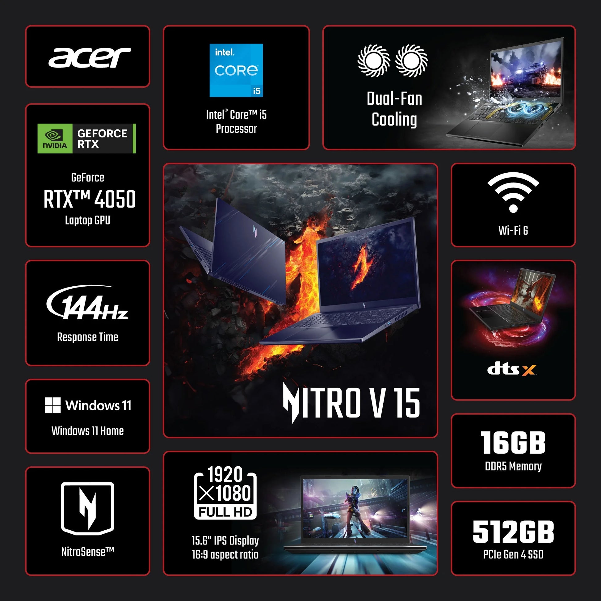 Nitro V 15.6 Inch FHD 144Hz Gaming Laptop Intel Core I5-13420H NVIDIA Geforce RTX 4050 16GB DDR5 512GB Black Windows 11 (Get Assassin'S Creed Shadows with Purchase)