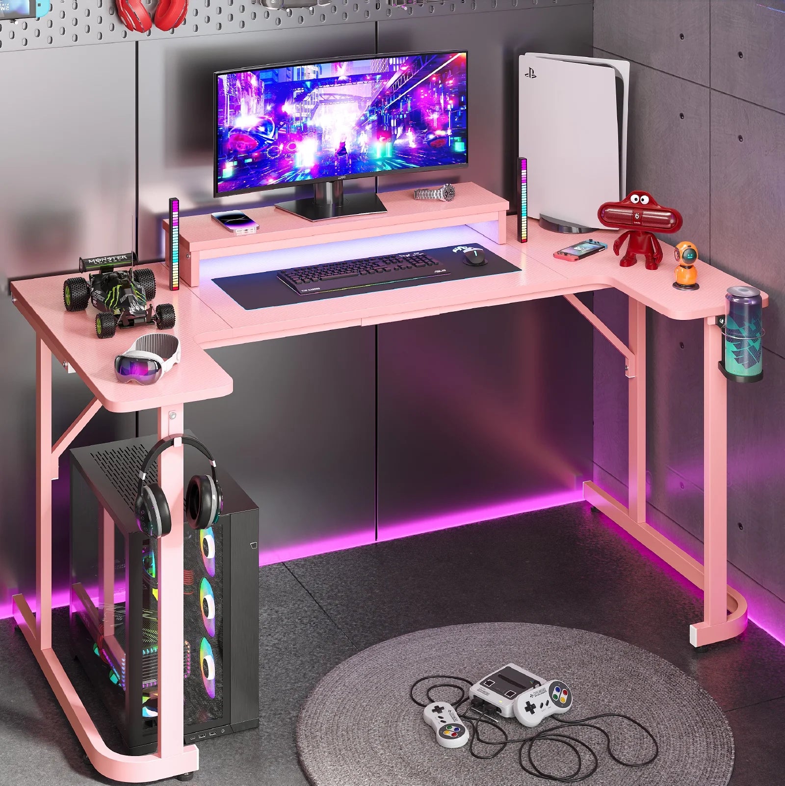 59 Inch U-Shaped Gaming Computer Desk with LED Lights & Monitor Stand & Headphone Hooks & Cup Holder, Home Office Desk, Pink