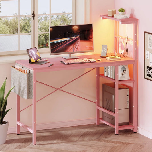 44.3 Inch LED Gaming Desk with Outlets & USB Ports Computer Desk with Storage Shelves in Pink Carbon Fiber